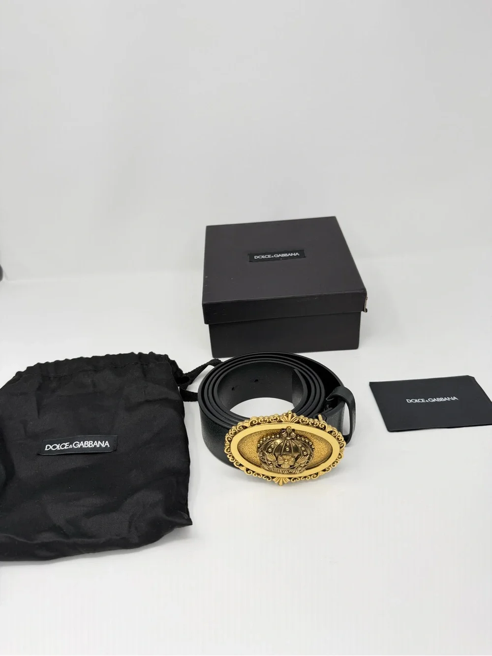 Dolce & Gabbana Black Leather Belt with Gold Ornate Medallion Buckle